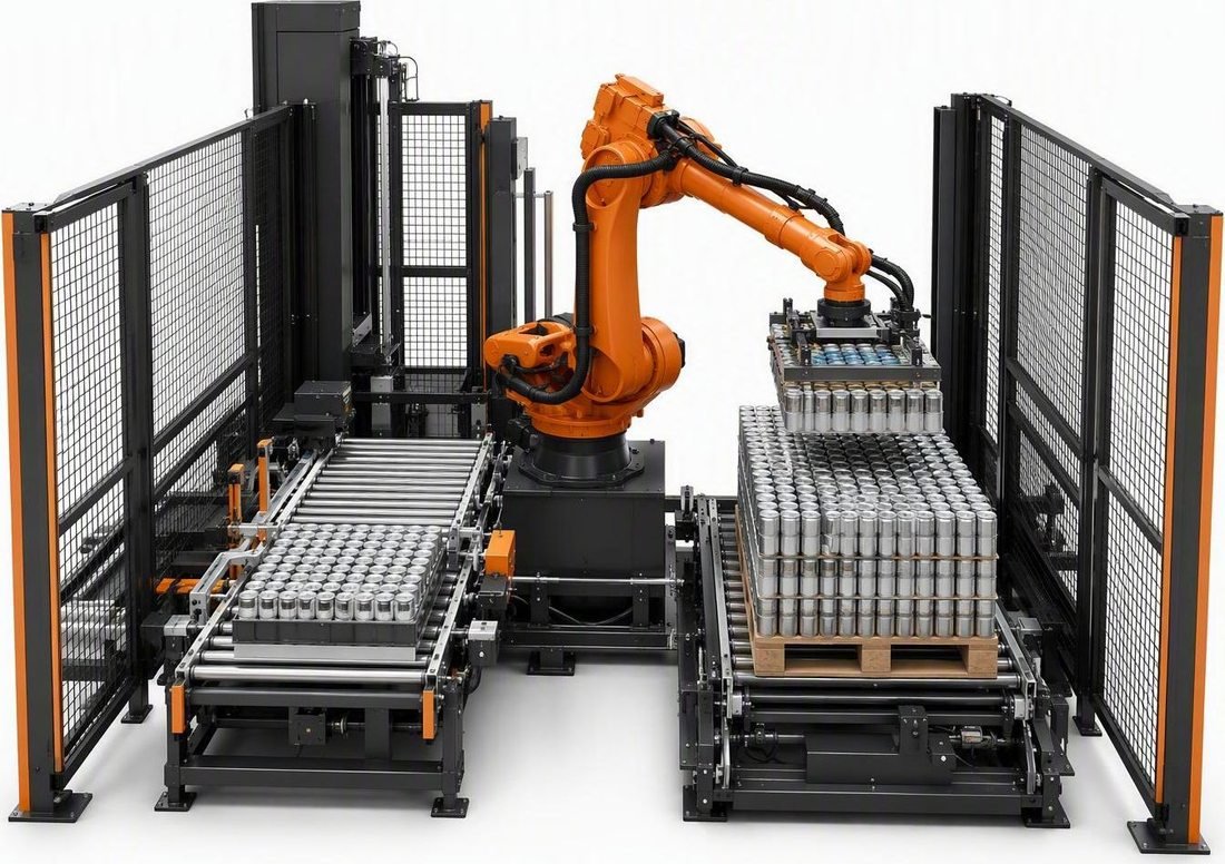 Synchronized robotic palletizing cell